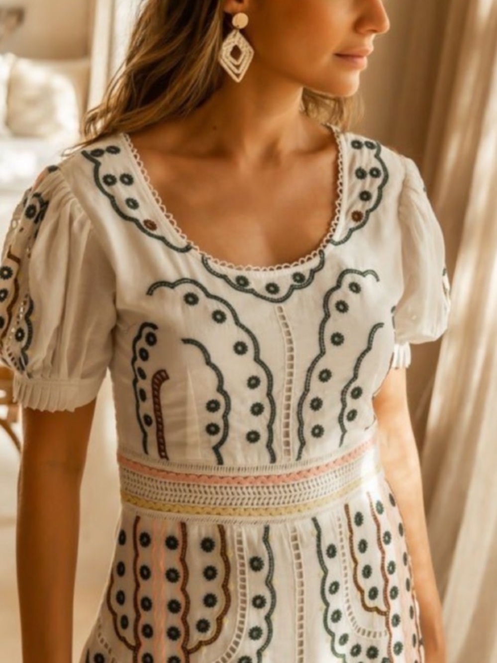 Boheme White Maxi Dress. Eyelet Embroidery and Blush/Yellow Trim - Picture 2 of 16